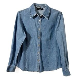 Chelsey And Jack Denim Jean Button Front Shirt Pointed Collar Medium Wash Talior